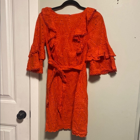 River Island Vibrant Orange Eyelet Lace Dress - bell Sleeves - UK12/EU38 - Picture 1 of 8